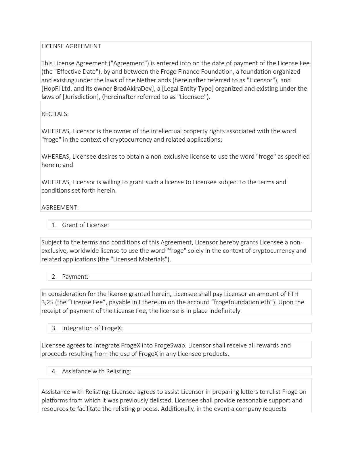 FROGE license agreement, page 1
