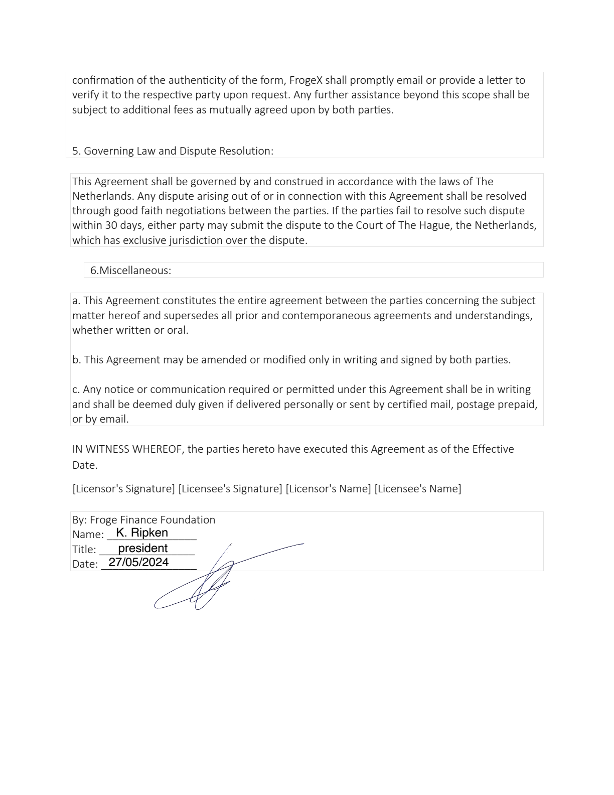 FROGE license agreement, page 2