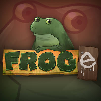 Original 2014 Froge game art: the worried frog behind a FROG sign