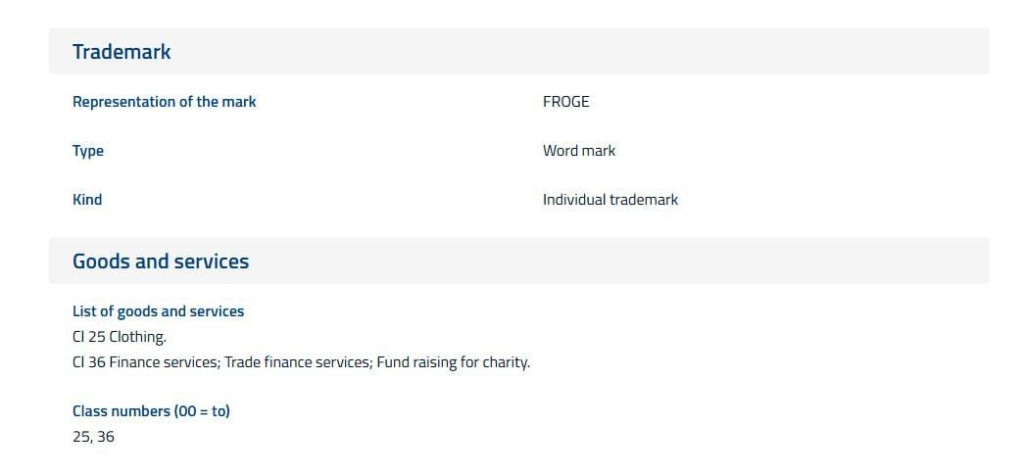 BOIP trademark register listing for the FROGE wordmark